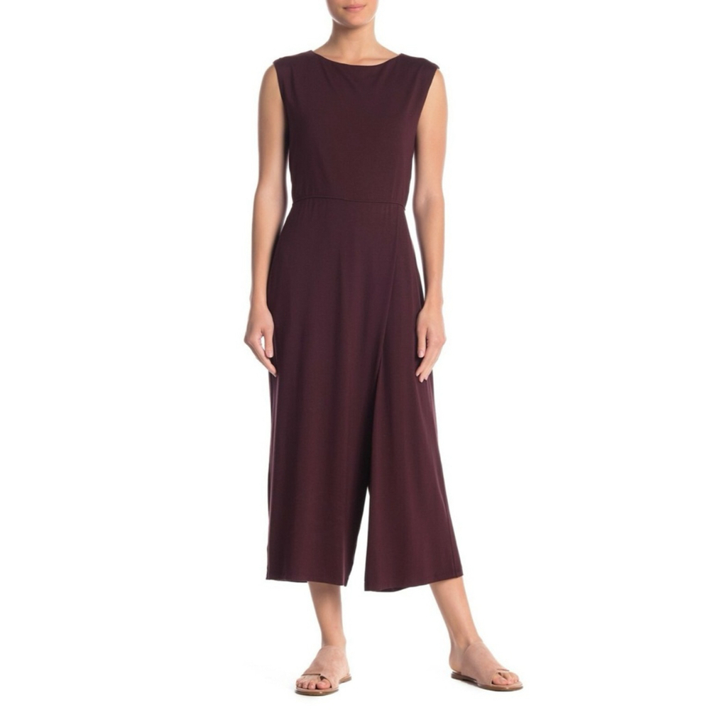 Eileen Fisher Sleeveless Wide-Leg Jumpsuit Burgundy Stretch Small